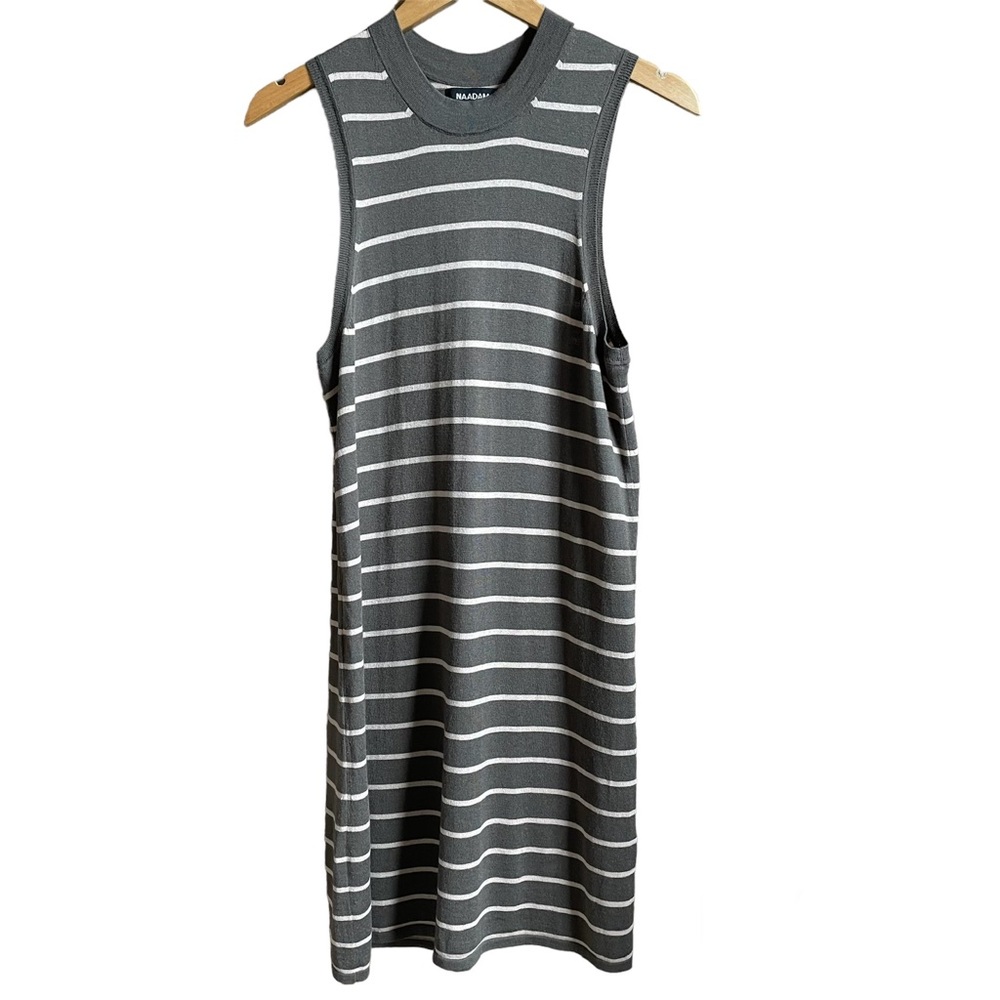 Naadam Striped Mini Shift Dress Faded Army Green Beige Size Medium Cashmere Silk